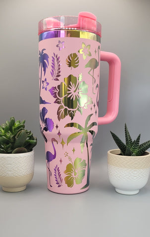 Flamingos, beach vibes, summer vaccation Pink on rainbow base 40oz Double Wall Insulated Tumbler with Handles Gift for mom, Granny, sister