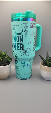 Hot Mom Beach bum, Beach vibes- Teal on rainbow base 40oz Double Wall Insulated Tumbler with Handles Gift for mom, Granny, sister