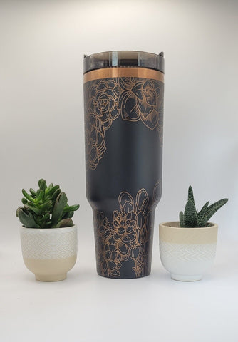 Succulents, Cactus, floral gift Black on copper base 40oz Double Wall Insulated Tumbler with Handles Gift for mom, Granny, sister