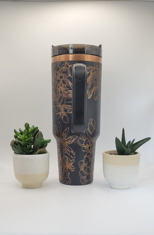 Succulents, Cactus, floral gift Black on copper base 40oz Double Wall Insulated Tumbler with Handles Gift for mom, Granny, sister