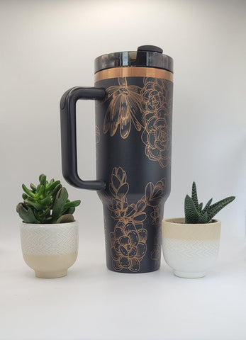 Succulents, Cactus, floral gift Black on copper base 40oz Double Wall Insulated Tumbler with Handles Gift for mom, Granny, sister