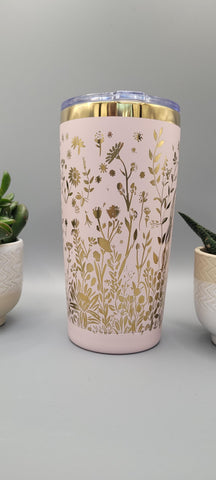 Horse and flowers pink and gold Laser Engraved 20oz Double Wall Insulated Tumbler Travel mug,Seamless Tumbler ,Gift