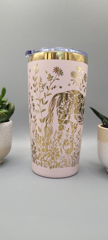 Horse and flowers pink and gold Laser Engraved 20oz Double Wall Insulated Tumbler Travel mug,Seamless Tumbler ,Gift