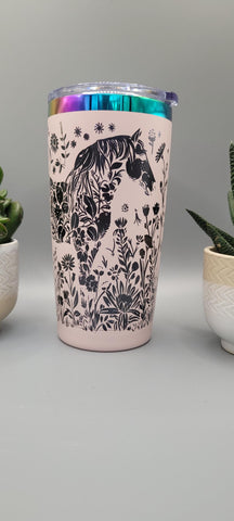 Horse and flowers pink and black Laser Engraved 20oz Double Wall Insulated Tumbler Travel mug,Seamless Tumbler ,Gift