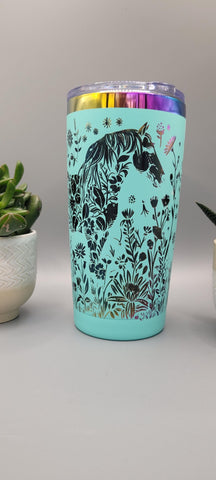 Horse and flowers teal and black Laser Engraved 20oz Double Wall Insulated Tumbler Travel mug,Seamless Tumbler ,Gift