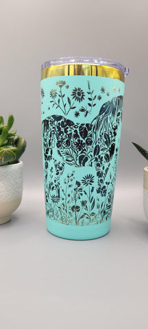 Horse and flowers teal and black Laser Engraved 20oz Double Wall Insulated Tumbler Travel mug,Seamless Tumbler ,Gift