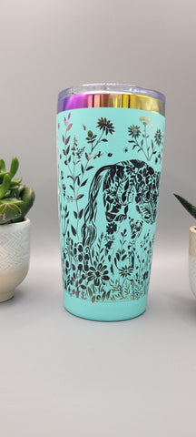 Horse and flowers teal and black Laser Engraved 20oz Double Wall Insulated Tumbler Travel mug,Seamless Tumbler ,Gift