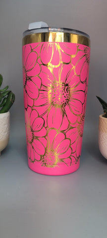 Daisy, sunflower flowers pink and gold Laser Engraved 20oz Double Wall Insulated Tumbler Travel mug,Seamless Tumbler ,Gift