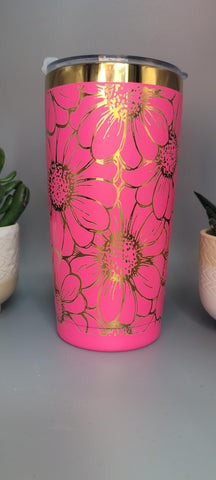 Daisy, sunflower flowers pink and gold Laser Engraved 20oz Double Wall Insulated Tumbler Travel mug,Seamless Tumbler ,Gift