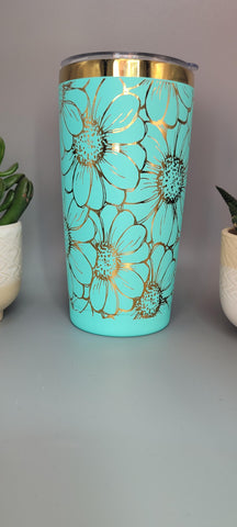 Daisy, sunflower flowers teal and gold Laser Engraved 20oz Double Wall Insulated Tumbler Travel mug,Seamless Tumbler ,Gift