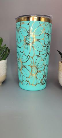 Daisy, sunflower flowers teal and gold Laser Engraved 20oz Double Wall Insulated Tumbler Travel mug,Seamless Tumbler ,Gift