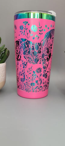 Horse and flowers pink and rainbow Laser Engraved 20oz Double Wall Insulated Tumbler Travel mug,Seamless Tumbler ,Gift