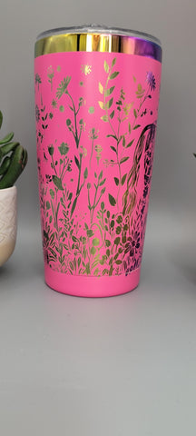 Horse and flowers pink and rainbow Laser Engraved 20oz Double Wall Insulated Tumbler Travel mug,Seamless Tumbler ,Gift