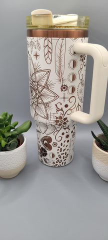 Boho, paisley, evil eye creame and copper 40oz Double Wall Insulated Tumbler with Handles Gift for mom, Granny, sister, Niece