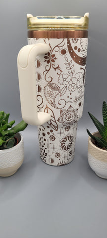 Boho, paisley, evil eye creame and copper 40oz Double Wall Insulated Tumbler with Handles Gift for mom, Granny, sister, Niece