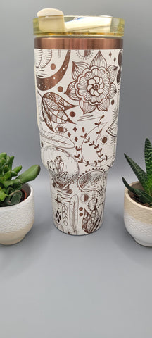 Boho, paisley, evil eye creame and copper 40oz Double Wall Insulated Tumbler with Handles Gift for mom, Granny, sister, Niece