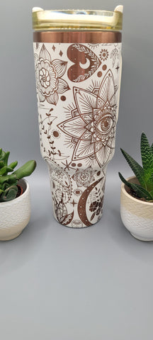 Boho, paisley, evil eye creame and copper 40oz Double Wall Insulated Tumbler with Handles Gift for mom, Granny, sister, Niece