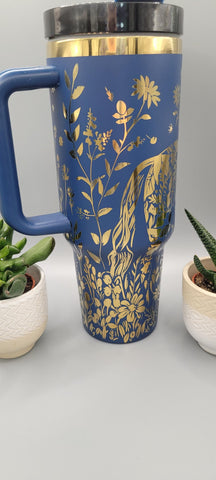 Horse and flowers, Horse Lover, Horseriding Blue and gold 40oz Double Wall Insulated Tumbler with Handles Gift for mom, sister