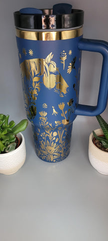Horse and flowers, Horse Lover, Horseriding Blue and gold 40oz Double Wall Insulated Tumbler with Handles Gift for mom, sister