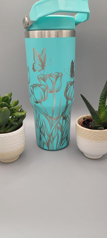 Tulips and butterflies, butterfly garden Laser Engraved 30oz Double Wall Insulated Tumbler