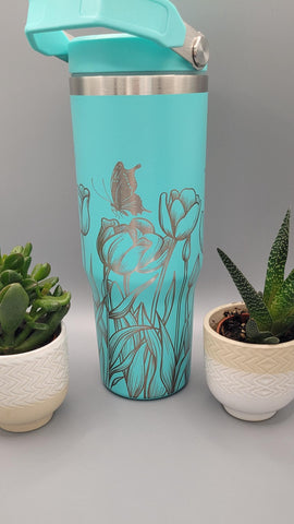 Tulips and butterflies, butterfly garden Laser Engraved 30oz Double Wall Insulated Tumbler
