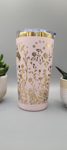 Horse and flowers pink and gold Laser Engraved 20oz Double Wall Insulated Tumbler Travel mug,Seamless Tumbler ,Gift