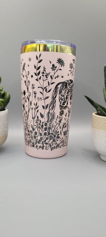 Horse and flowers pink and black Laser Engraved 20oz Double Wall Insulated Tumbler Travel mug,Seamless Tumbler ,Gift