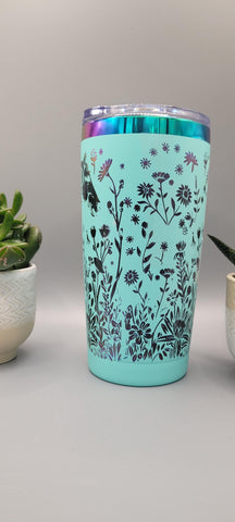 Horse and flowers teal and black Laser Engraved 20oz Double Wall Insulated Tumbler Travel mug,Seamless Tumbler ,Gift