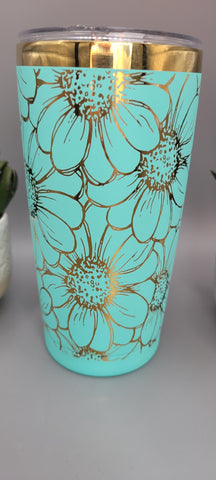 Daisy, sunflower flowers teal and gold Laser Engraved 20oz Double Wall Insulated Tumbler Travel mug,Seamless Tumbler ,Gift