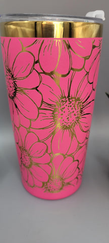 Daisy, sunflower flowers pink and gold Laser Engraved 20oz Double Wall Insulated Tumbler Travel mug,Seamless Tumbler ,Gift