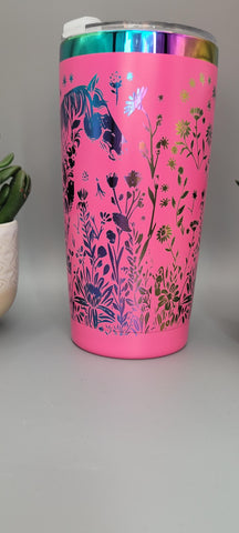 Horse and flowers pink and rainbow Laser Engraved 20oz Double Wall Insulated Tumbler Travel mug,Seamless Tumbler ,Gift