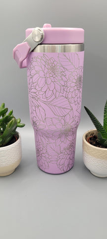 Dahlias, flowers, floral tumbler, Laser Engraved 30oz Double Wall Insulated Tumbler