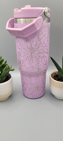 Dahlias, flowers, floral tumbler, Laser Engraved 30oz Double Wall Insulated Tumbler