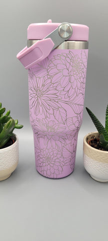 Dahlias, flowers, floral tumbler, Laser Engraved 30oz Double Wall Insulated Tumbler