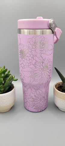 Dahlias, flowers, floral tumbler, Laser Engraved 30oz Double Wall Insulated Tumbler