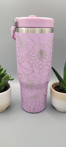 Dahlias, flowers, floral tumbler, Laser Engraved 30oz Double Wall Insulated Tumbler