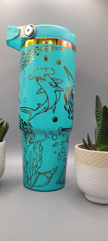 Shark, ocean, under the sea Laser Engraved 30oz Double Wall Insulated Tumbler Custom Seamless Tumbler