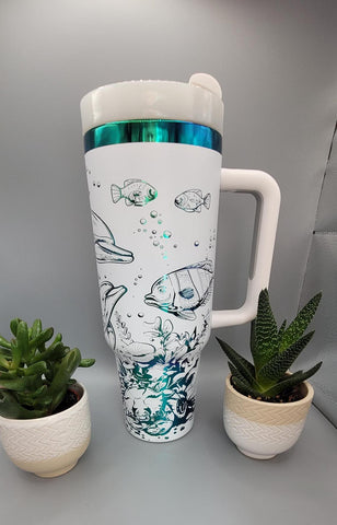 Dolphins, under the Sea, Ocean theme white and green blue 40oz Double Wall Insulated Tumbler with Handles Gift for mom, sister