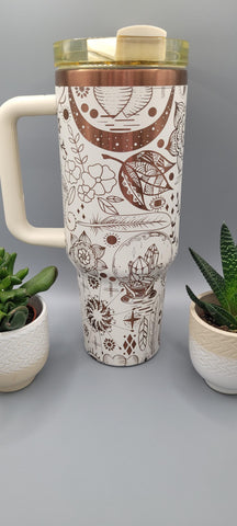 Boho, paisley, evil eye creame and copper 40oz Double Wall Insulated Tumbler with Handles Gift for mom, Granny, sister, Niece