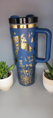 Horse and flowers, Horse Lover, Horseriding Blue and gold 40oz Double Wall Insulated Tumbler with Handles Gift for mom, sister