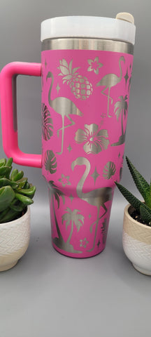 Flamingo, Hibiscus, Hawaii 40oz Double Wall Insulated Tumbler with Handles Gift for mom, Granny, sister, Niece