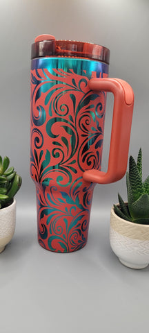 Red Mystic Paisley, Tooled Leather gift 40oz Double Wall Insulated Tumbler with Handles Gift for mom, Granny, sister, Niece