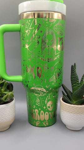 Alien, Retro, Halloween Peace, Good vibes, Retro Green and Gold 40oz Double Wall Insulated Tumbler with Handles Gift for mom, sister