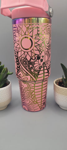 Henna, Paisley, Boho pink and rainbow Laser Engraved 30oz Double Wall Insulated Tumbler Custom Seamless Tumbler
