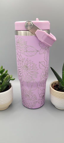Dahlias, flowers, floral tumbler, Laser Engraved 30oz Double Wall Insulated Tumbler