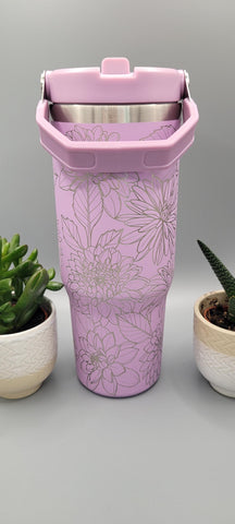 Dahlias, flowers, floral tumbler, Laser Engraved 30oz Double Wall Insulated Tumbler