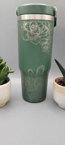 Succulents, cactus, flowers, floral tumbler, Laser Engraved 30oz Double Wall Insulated Tumbler