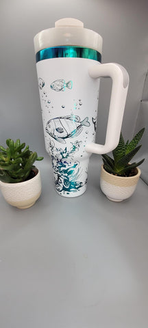 Dolphins, under the Sea, Ocean theme white and green blue 40oz Double Wall Insulated Tumbler with Handles Gift for mom, sister