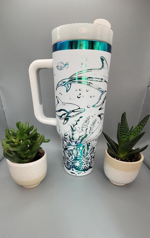Dolphins, under the Sea, Ocean theme white and green blue 40oz Double Wall Insulated Tumbler with Handles Gift for mom, sister