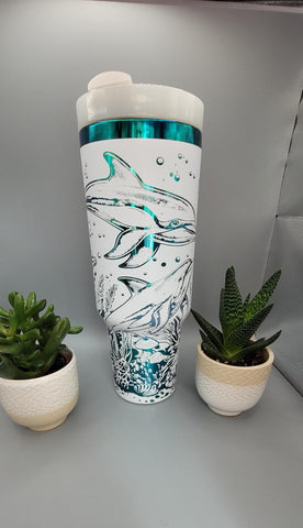Dolphins, under the Sea, Ocean theme white and green blue 40oz Double Wall Insulated Tumbler with Handles Gift for mom, sister